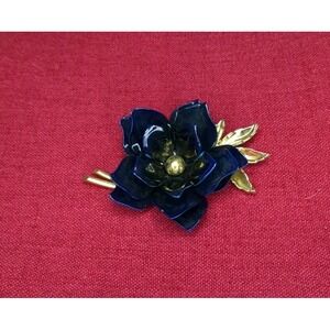 Vintage Gold Tone And Blue Enamel Flower Brooch‎ Pin